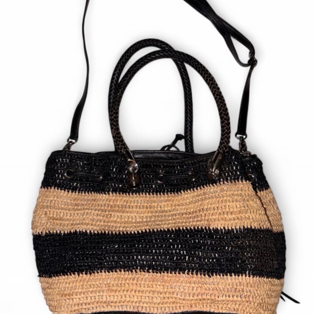 Rebecca Minkoff Straw Leather Satchel Black Tan Summer bag - Picture 4 of 7